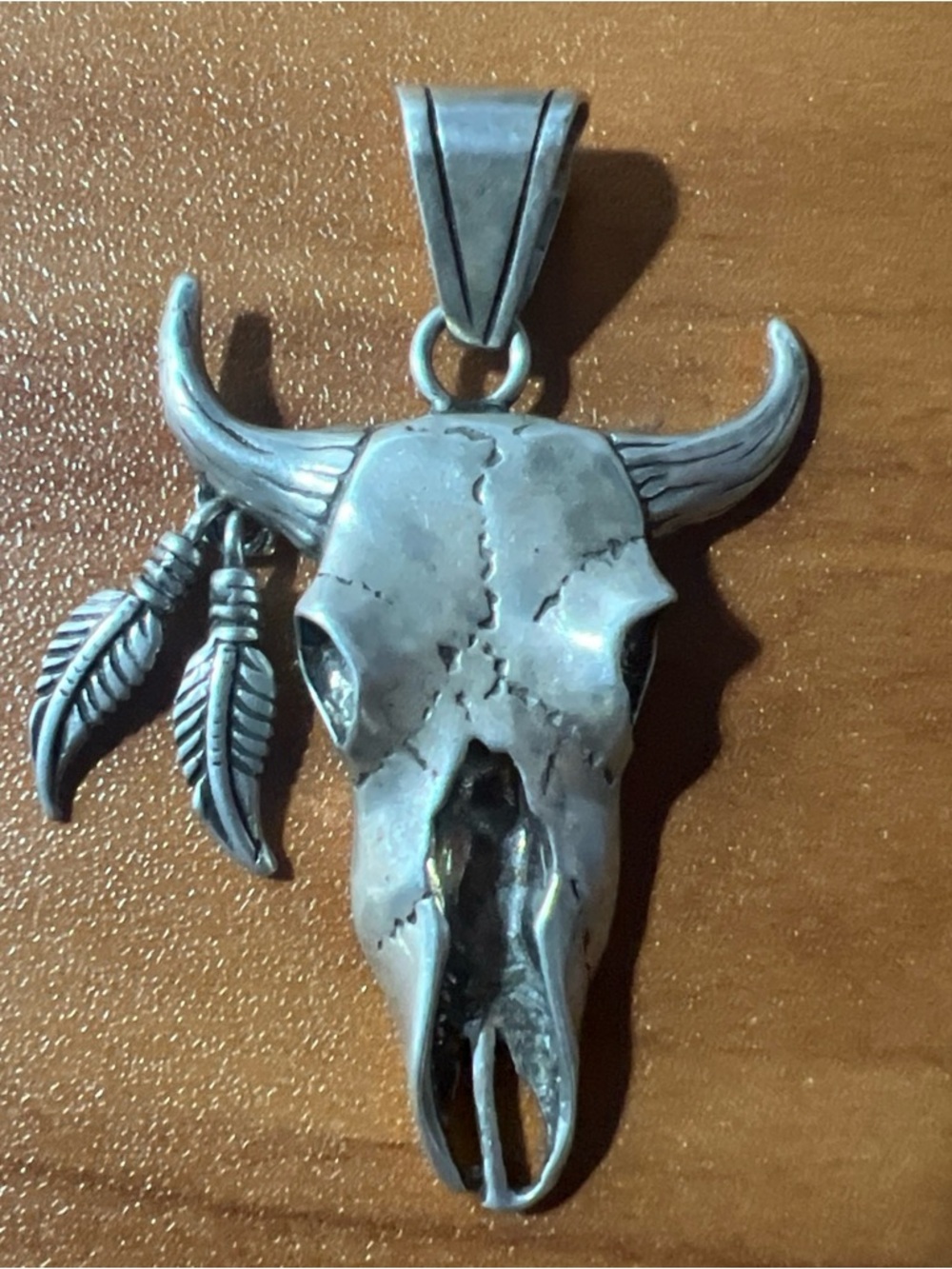 .925 Sterling Silver S.T.C Buffalo Skull Western Style Feather Earrings Pendant